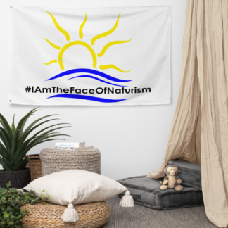 horizontal flag featuring the Universal Naturist Symbol and the hashtag "I am the face of naturism"